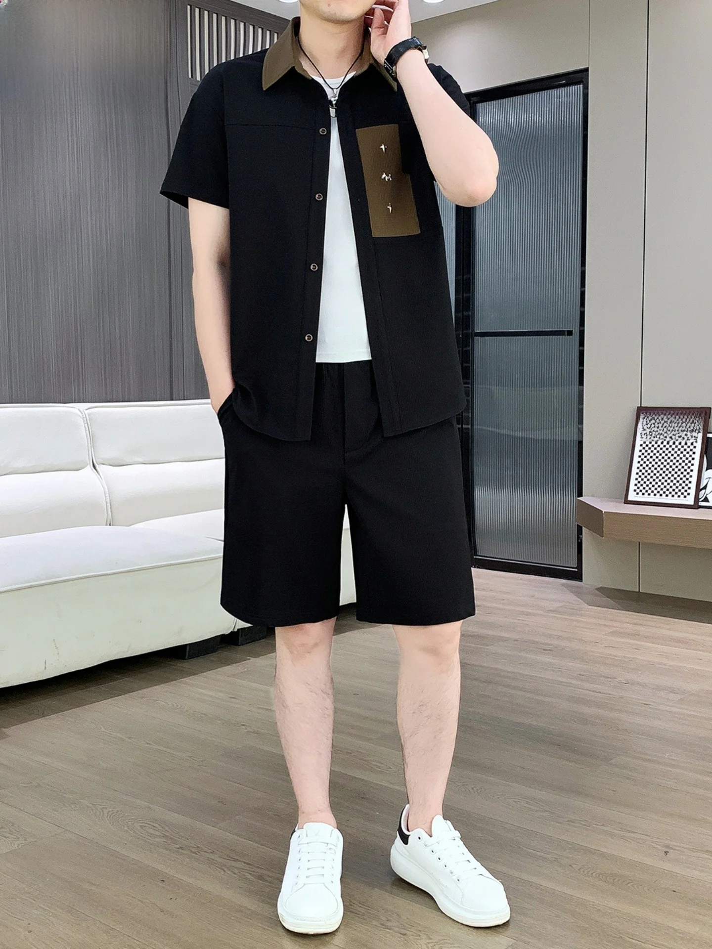 남성용 여름 캐주얼 스포츠웨어 세트, 반팔 폴로셔츠와 반바지 투피스 세트, 트렌디한 폴리에스터 섬유 청소년 의류