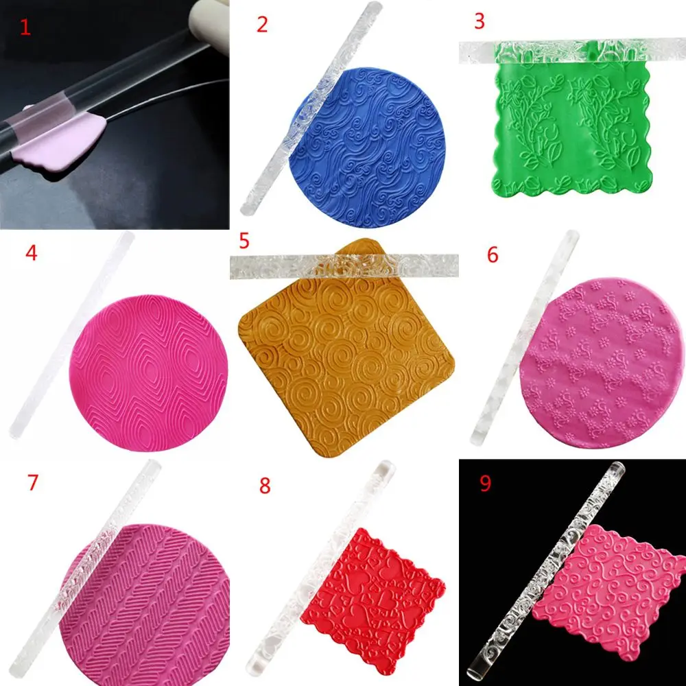21 Styles New Fondant Cake Impression Acrylic Embossing Pastry Roller Baking Tools Rolling Pin