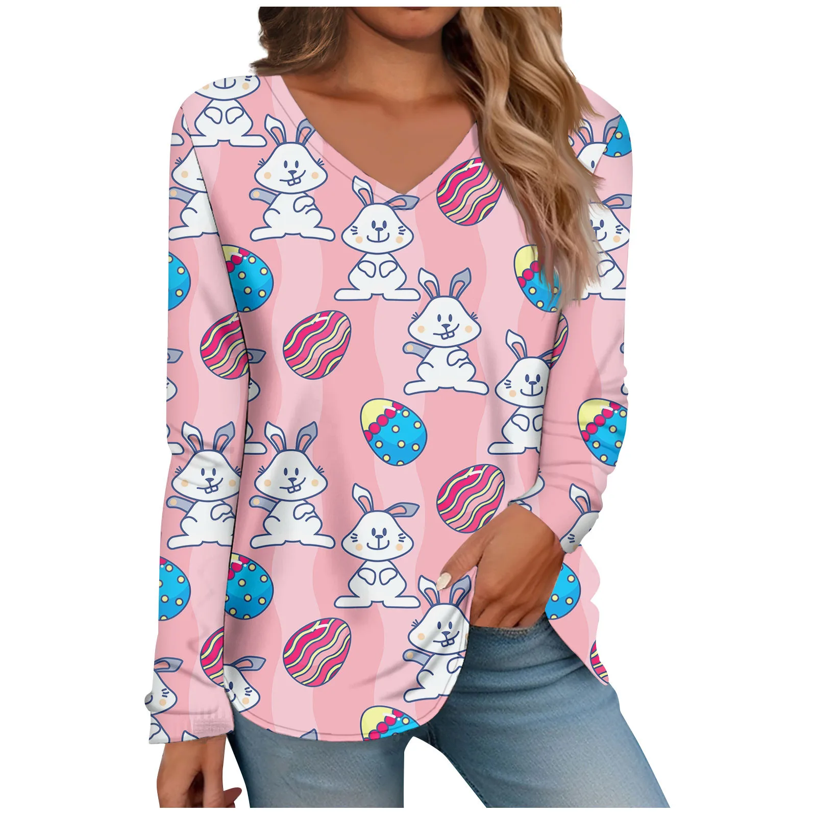 

Женский модный Повседневный Пасхальный Топ с длинным рукавом и V-образным вырезом