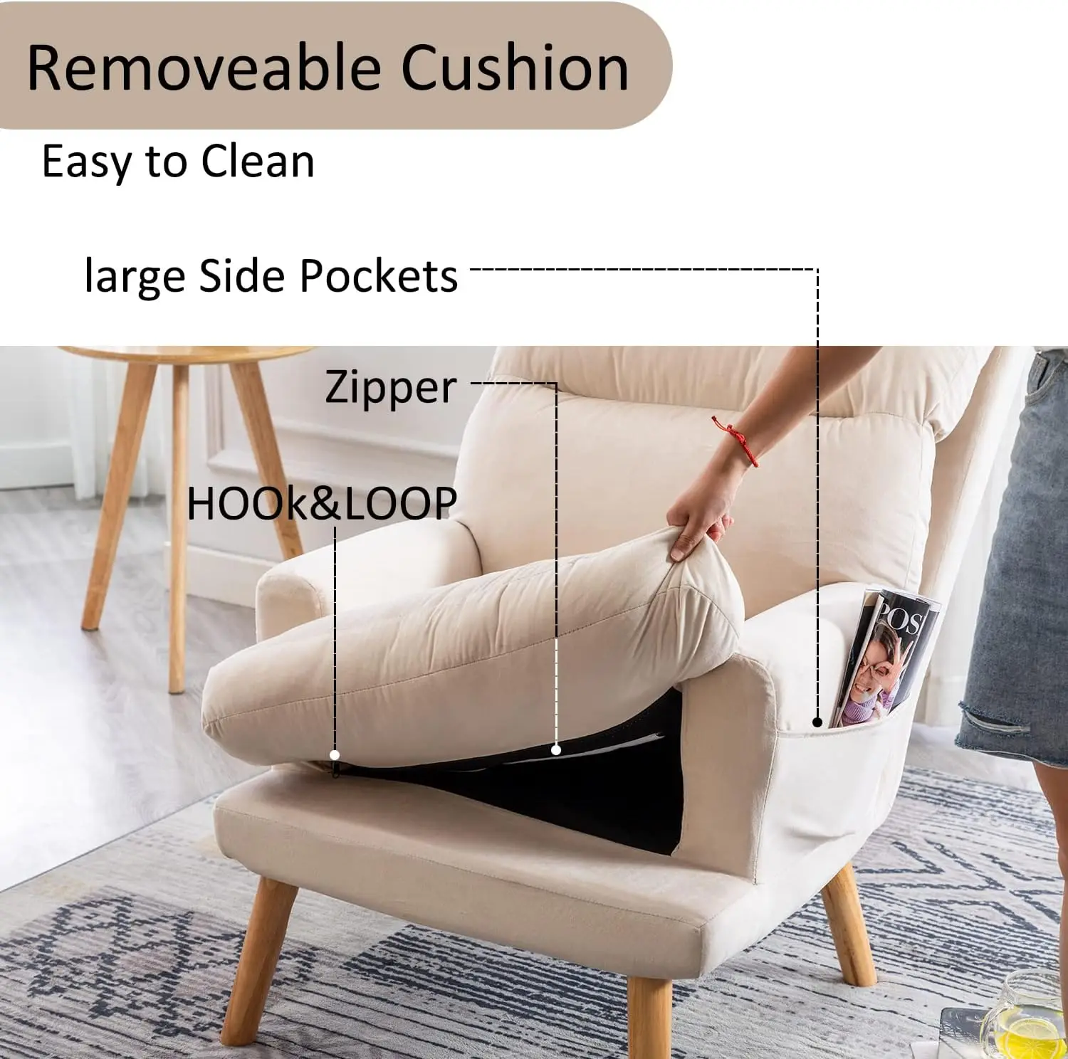 Accent Chairs with Ottoman,Velvet Fabric Armchair with Ottoman for Bedroom Living Room, Mid Century Modern Chair with Adjustable