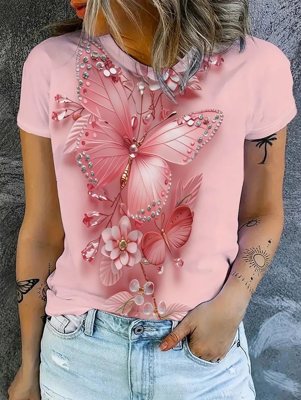 2026 New Summer Women's Round Neck 3D Printed T-Shirt Butterfly Graphics Fashion Short Sleeve Top Streetwear Tees Women Clothing