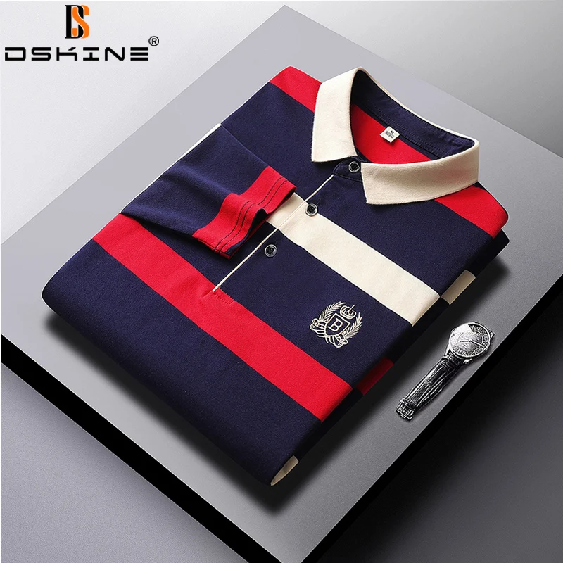 

Men Spring Autumn Polo Casual Fashion Shirts Business Cotton Striped Breathable Embroidered Mens Premium Long Sleeve Polo Shirts