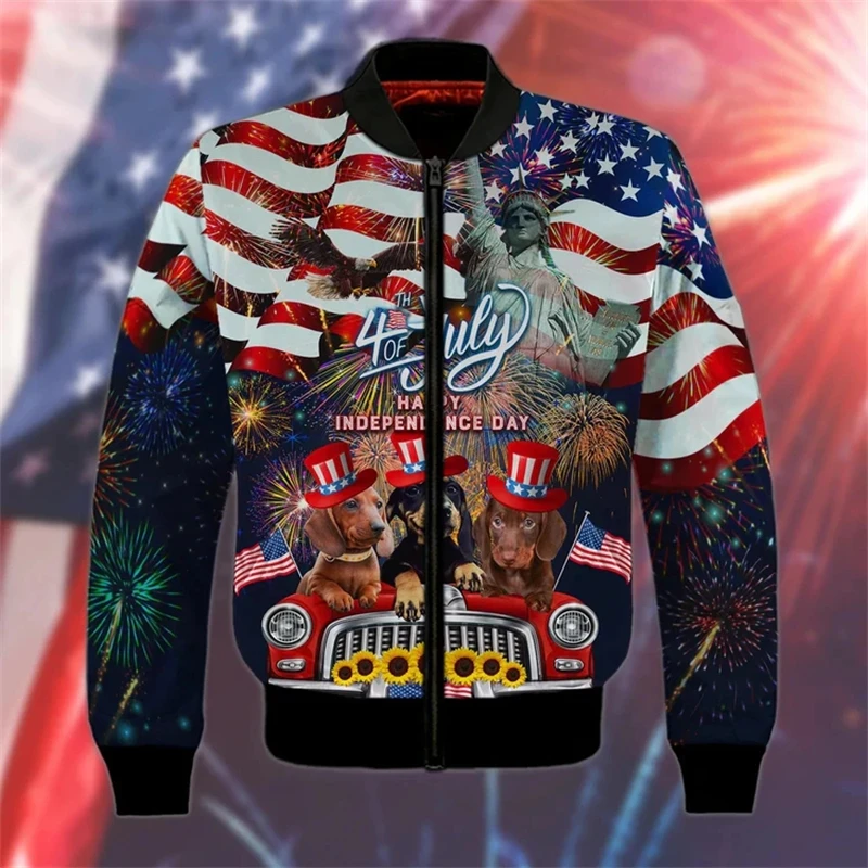 Chaqueta con estampado 3D del Día de la Independencia para hombre y mujer, estilo Harajuku, de moda, de primavera, de manga larga, con cremallera y estampado de bandera nacional de EE. UU., Tops Y2K