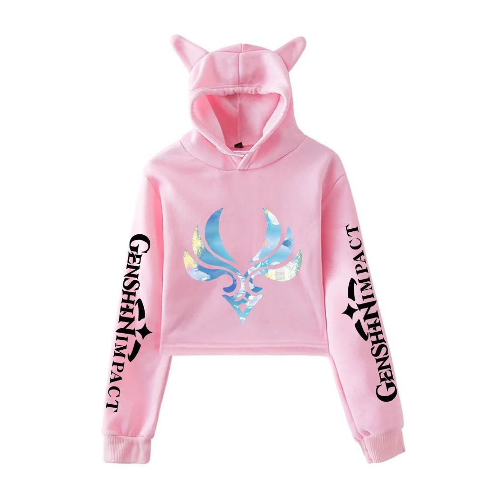 

Anime Hoody Genshin Impact Print Crop hoodies women Exposed top Cat ears Hooded Sweatshirt Tracksuit Clothes hoodies for women