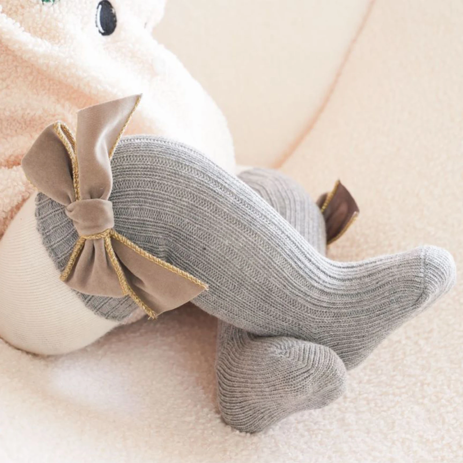 Citgeett Infant Baby Girl Socks Soft Long Socks Cotton Stockings with Velvet Bows for Infants Toddlers