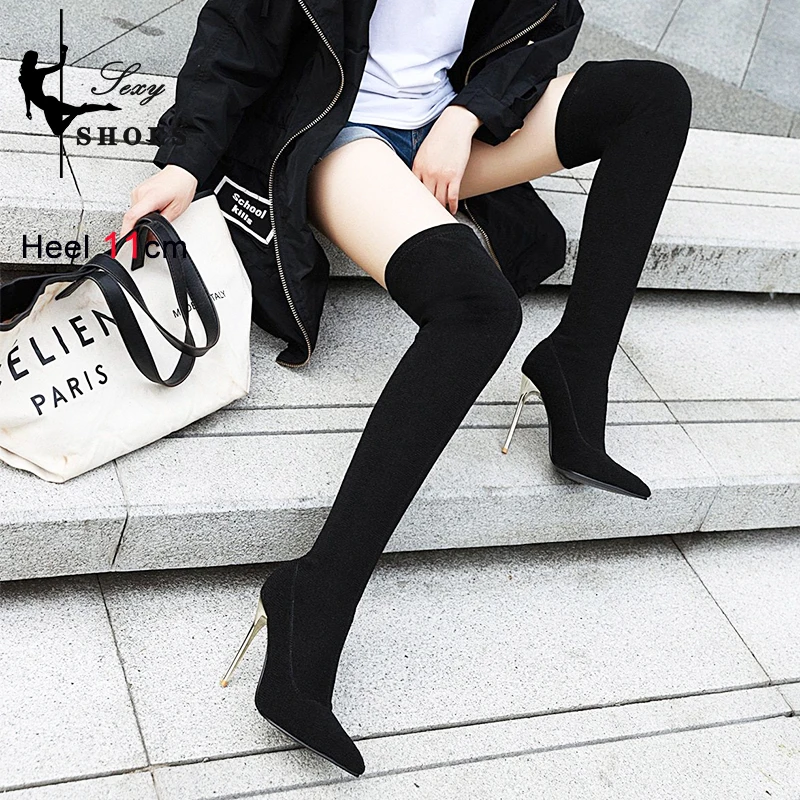 Leopard Print Long Elastic Women Boots Nightclub Over-the-Knee Stripper Heels Boots Winter Plus Plush Pointed Toe Ladies Shoes