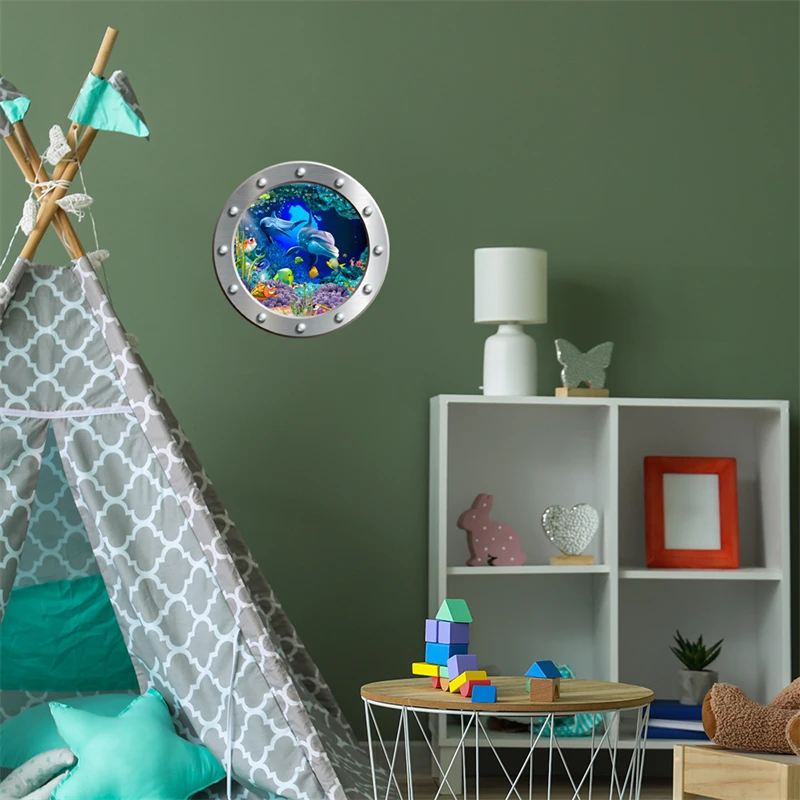 24cm Luminous Simulated Porthole Wall Stickers Ocean Whales Sharks Turtles Fish Submarine Window Scenery PVC Home Decoration wall stickers window stickers
