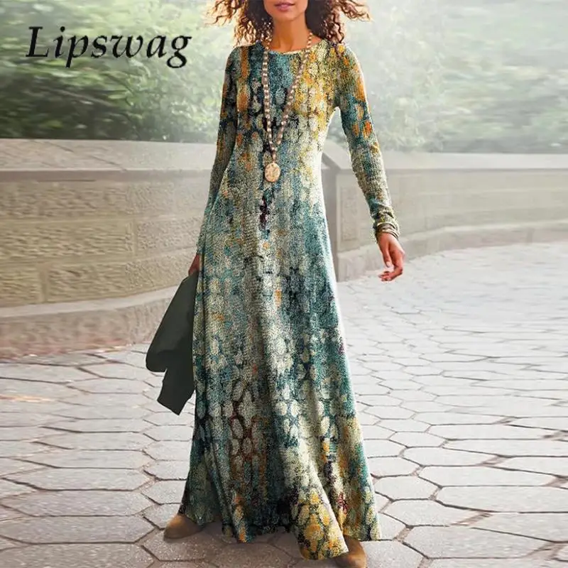 

Женское платье с длинным рукавом, элегантное облегающее универсальное платье с круглым вырезом и принтом в стиле ретро, Осенний пуловер в этническом стиле, длинное платье