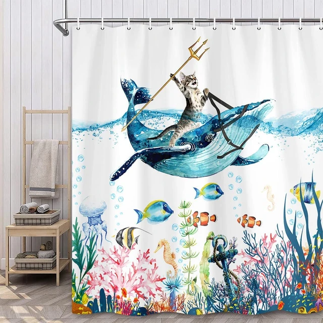 Funny Cat Whale Shower Curtain Cute Blue Ocean Animals Kids Sea Nautical  Anchor Fish Coral Bathroom Decor Curtains with Hooks - AliExpress