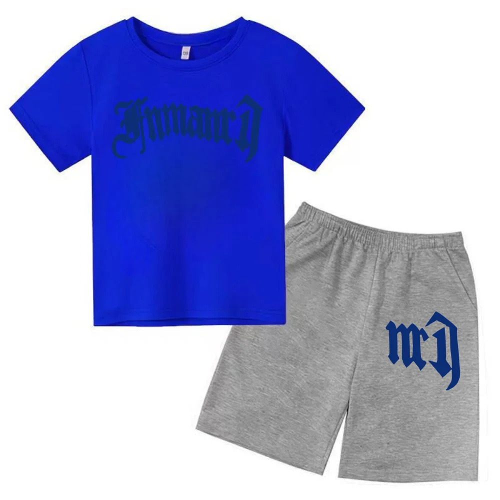 thumbnail image 1 of Ropa para niños con estampado de marca gótica, conjunto de camiseta y pantalones cortos de verano para adolescentes, 2 piezas, manga corta, moda informal para niños y niñas, 1 of 5