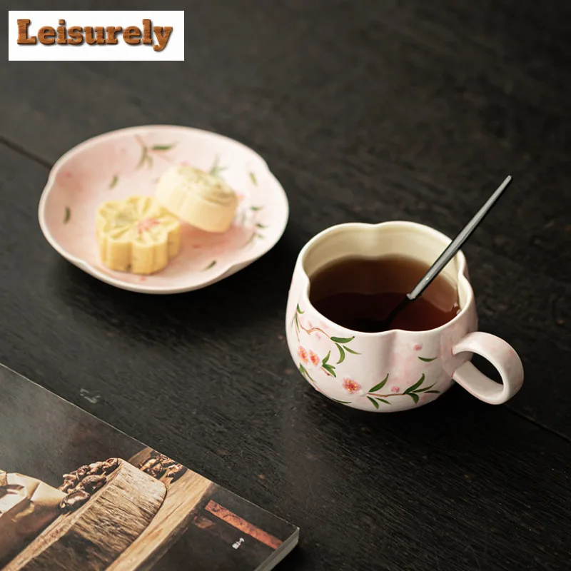 200ml Hand-painted Peach Blossom Coffee Mug With Plate Milk Cup Afternoon Tea Mug Coffee Milk Pot Cup Saucer Kit Cafes Supplies