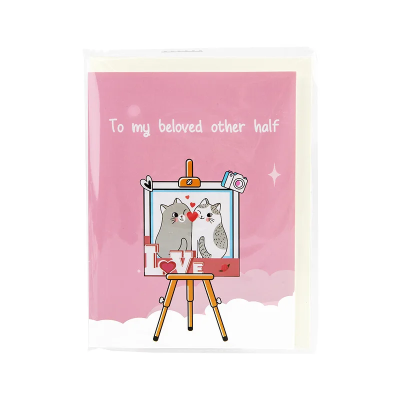 Pop up style creative 3D Valentine's Day greeting card handmade paper carving holiday blessings gift love cat Includes envelope
