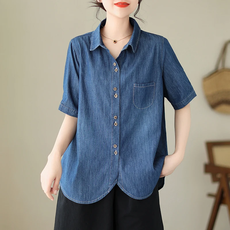 

2023 New Arrival Korea Style Single Breasted Washed Vintage Thin Summer Denim Blouse Shirts Fashion Women Casual Blouse