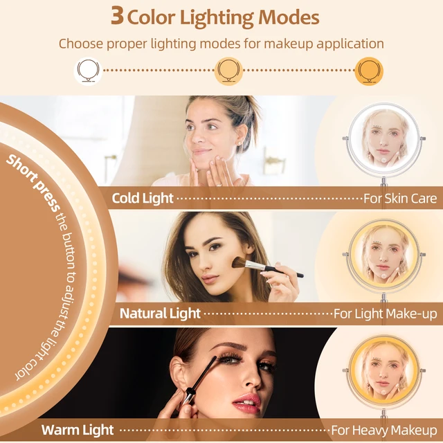 Miroir de maquillage debout avec lampe lumineuse, luminosité réglable, grossissement 10X, 3 lumières pour documents, recommandé, miroir cosmétique, 8 po 3
