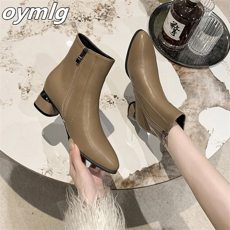 2023 Autumn/Winter New Ma Zhong Coarse Heel Short Boots Zipper Frosted Short Sleeve Women's Boots Pointed Single Boot