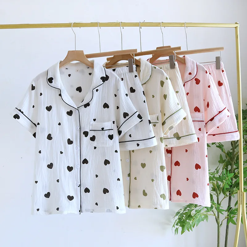 2024 New Summer Women's Pajama Set 100% Cotton Crepe Short Sleeves Shorts Two Piece Set Love Lovely Sweet Home Fury Thin Ladies