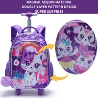 3PCS set Rolling Backpack For Girls, Cute Cartoon Cat Sequin Wheeled Bookbag For Elementary Students, With Lunch Box And Pen Bag 3