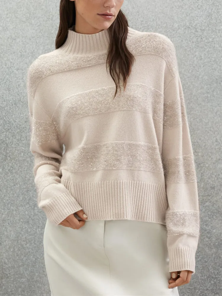 

Women Stripes Stand Collar Knitted Pullover Tops Long Sleeve Casual Sweet Sequin Decoration Winter New 2023 Female Sweater
