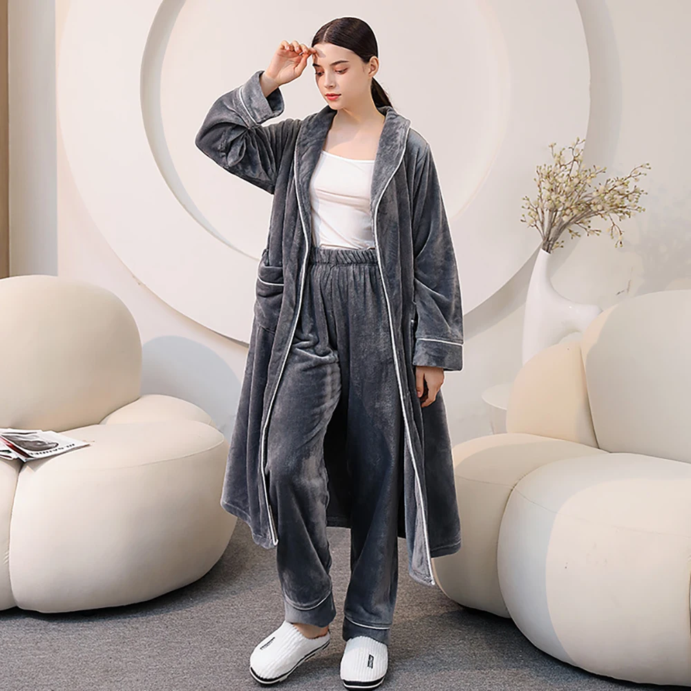 Flannel Double-side Thicken Couple Sleepwear Lengthened Robe for Men Elegant Shawl Collar Bathrobe+Straight Leg Pajama Pants 3XL