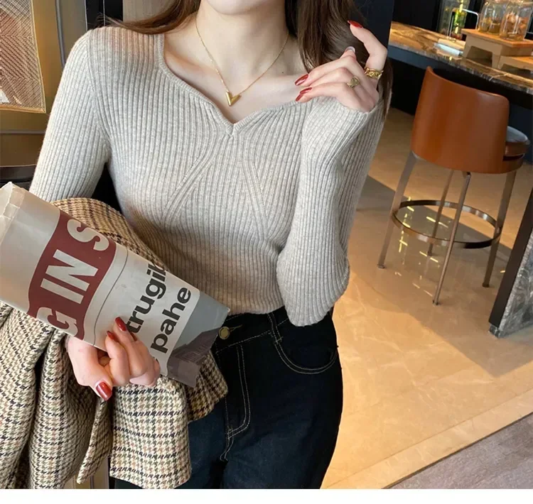 Women Slim V-Neck Bottoming Sweater Autumn Winter For Women Casual Pullovers Long Sleeve Knit Warm Office Sweater