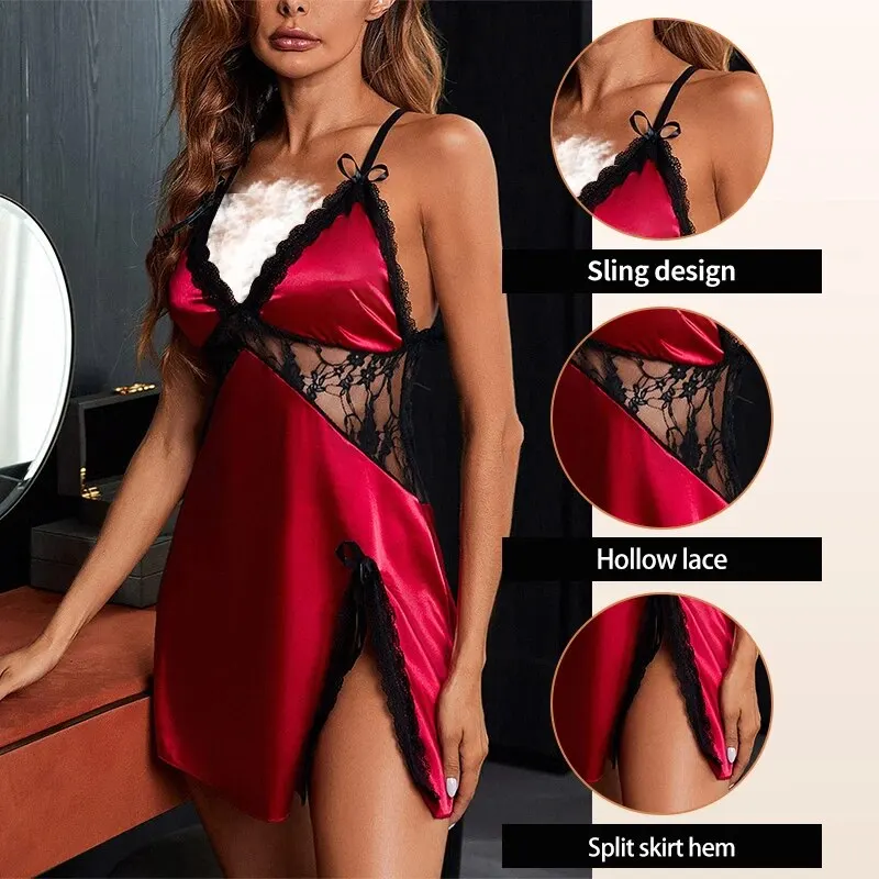 Women's Summer Lace Patchwork Satin Silk Sexy Suspender V-Neck Slim Fit Split Bow Decoration Women's Dress Pajamas