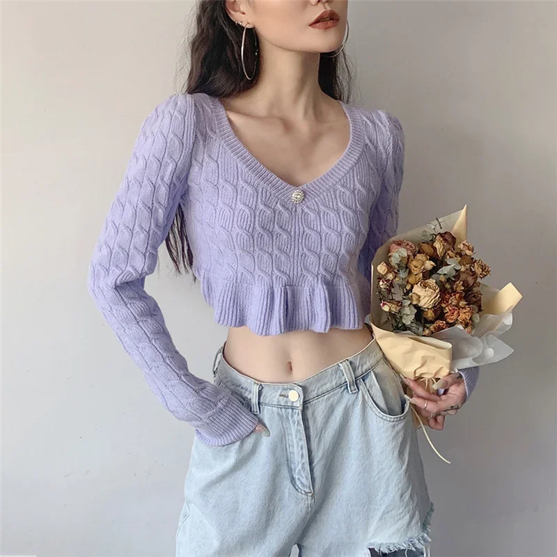

Women's Autumn and Winter Clothes Long Sleeve Sexy 2024 V-neck Low-cut Knit Short Sweater Women Casual Pullover Crop Sweater