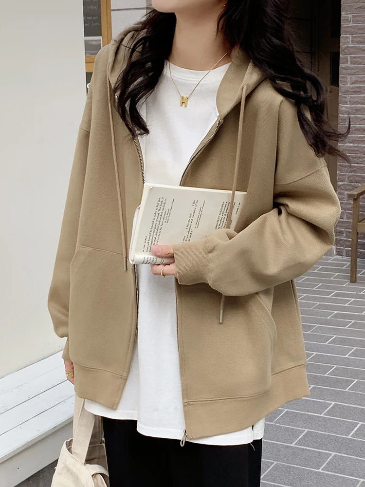 Khaki Velvet Sweatshirts Women Winter Zip Up Hoodies Long Sleeve Loose Casual Pocket Casual Cardigans Korean Fashion Sweatshirts