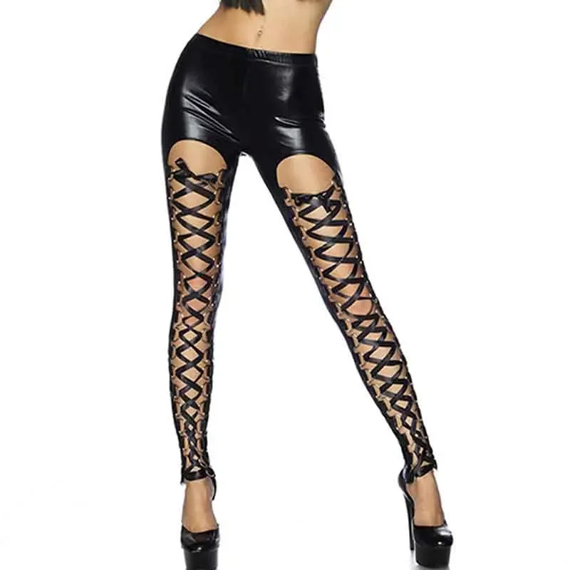 

M-XL Gothic Style Faux Leather Punk Rock Leggings Sexy Black Lace Up Bandage Leggings Calzas Mujer Leggins Women's Leggings