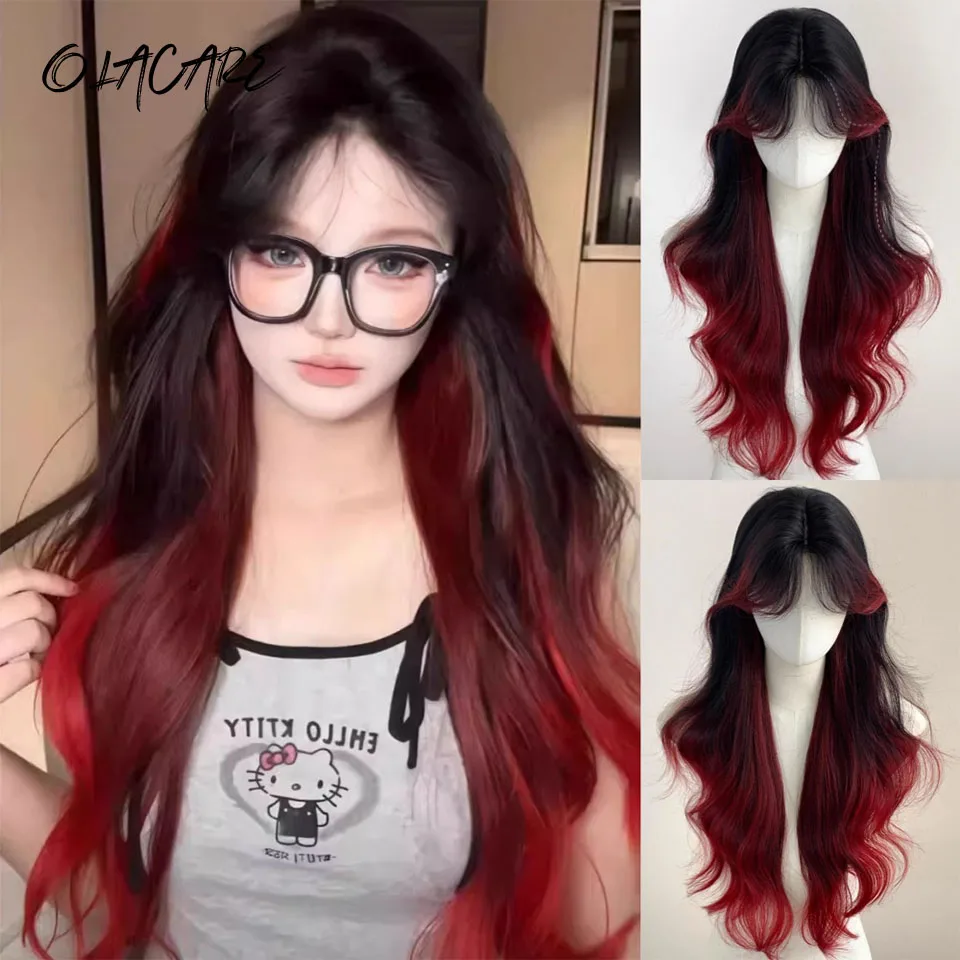 Synthetic Red Black Curly Wavy Lace Front Wig for Daily Cosplay