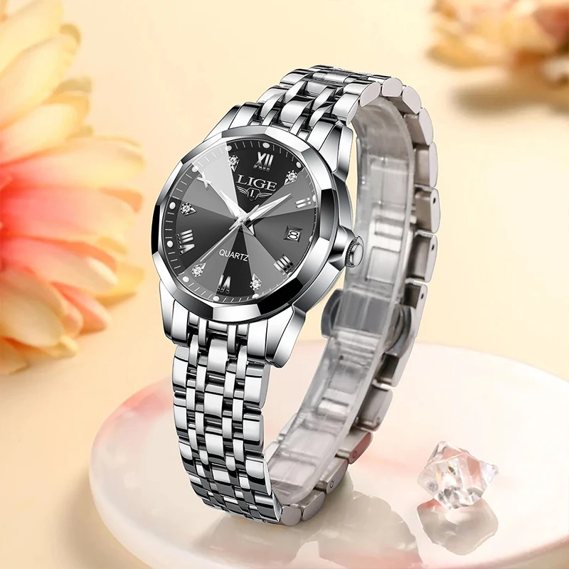 LIGE Luxury Quartz Watch Fashion Outdoor Sport Stainless Steel Strap Women Watches Calendar Waterproof Ladies Watch Casual Clock 2