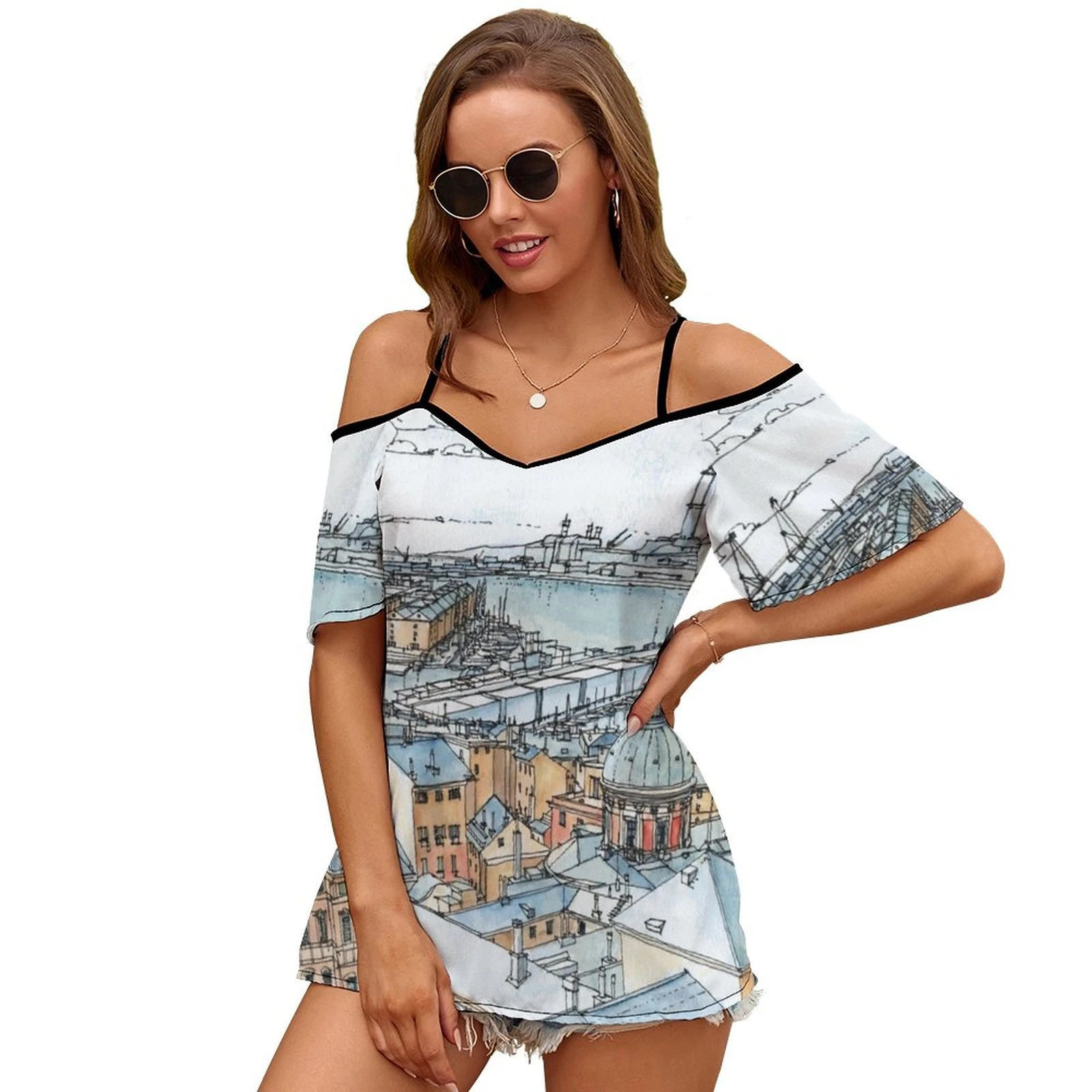 Camiseta estampado panorámico de Génova mujer, ropa informal holgada con hombros descubiertos, Tops moda, ropa italiana con 2241| | - AliExpress