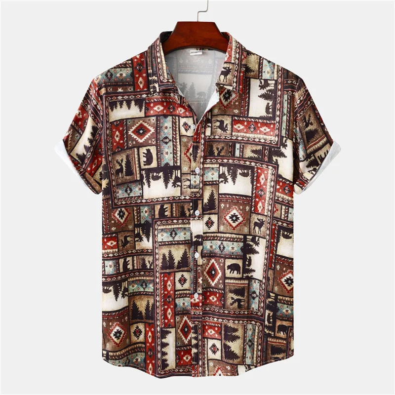 

Mens Tribal Geometry Print Camp Collar Brown Short Sleeve Shirt Casual Summer Hawaiian Holiday Camisa Tops