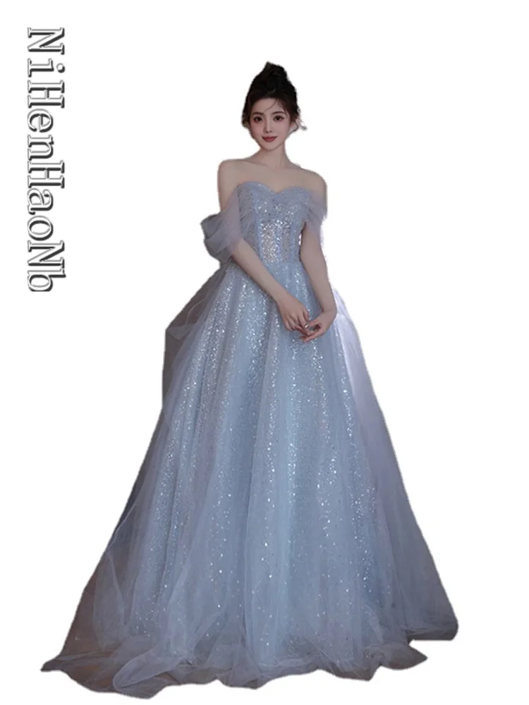 

Elegant Light Blue Party Quinceanera Dresses for Women 2023 Bling Off Shoulder Vestidos De Graduación Prom Evening Gown