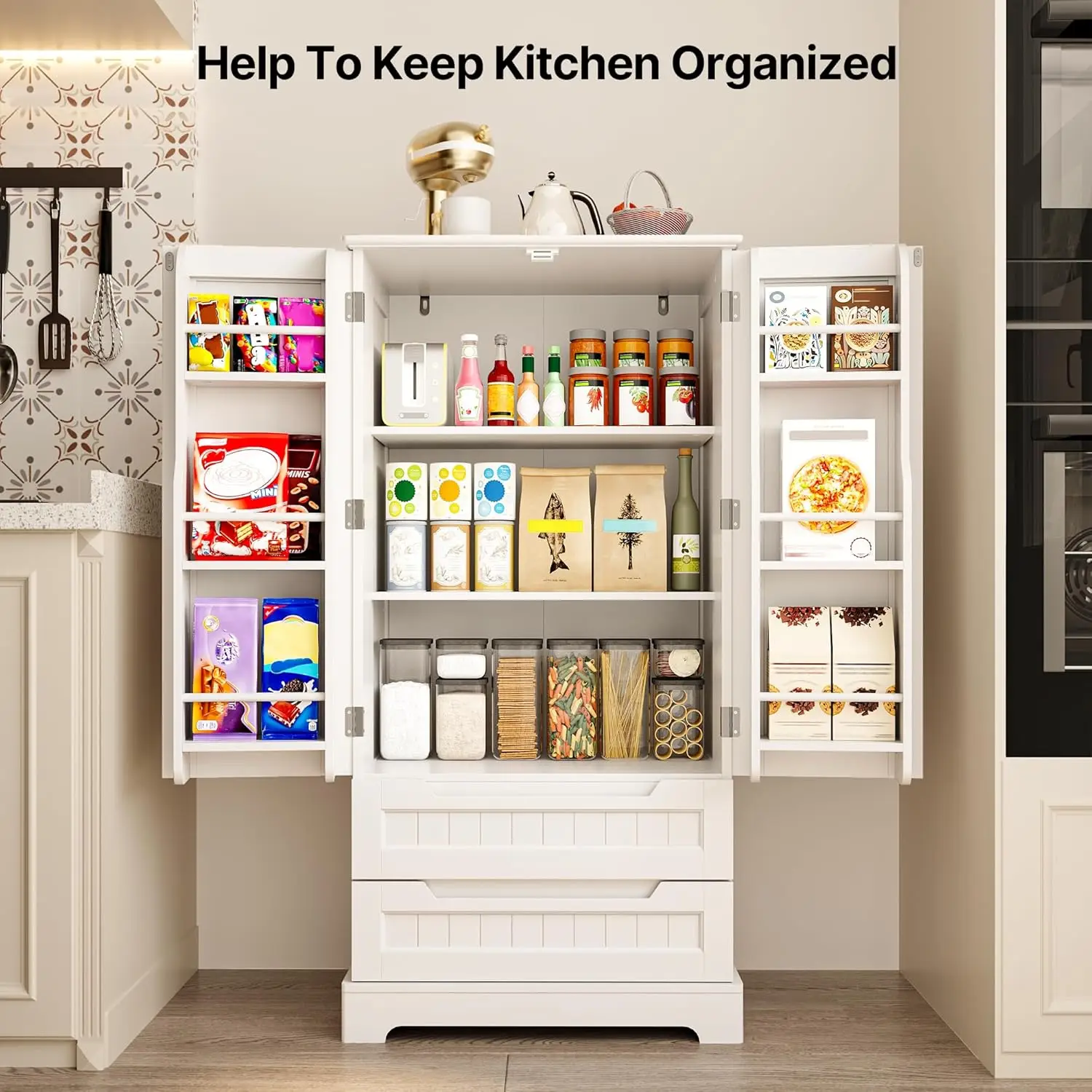 47" Kitchen Pantry Storage Cabinet with Drawers Freestanding Bathroom Storage Cabinets with Doors and Shelves, Small Food