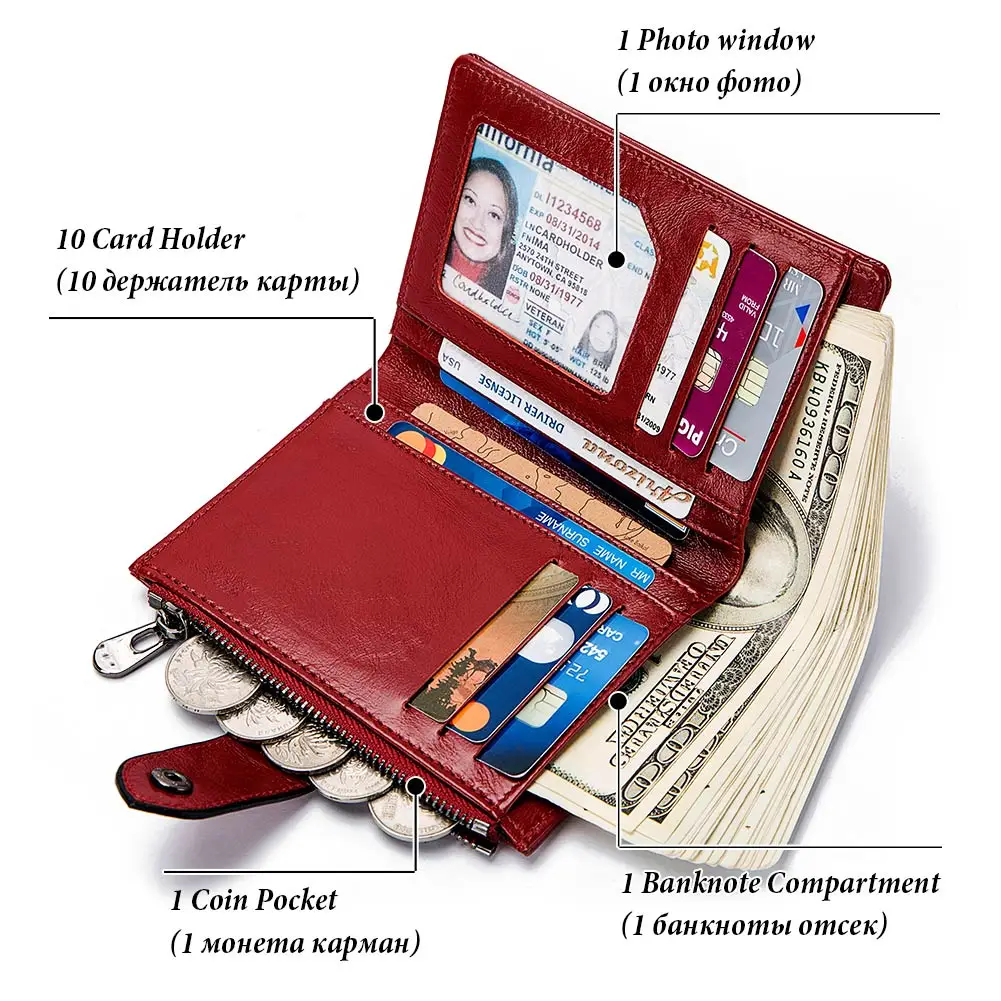 100% Genuine Leather Wallet for Women Luxury Design RFID Card Holder with Zipper Coin Pocket Bifold Multi-functional Money Purse 3