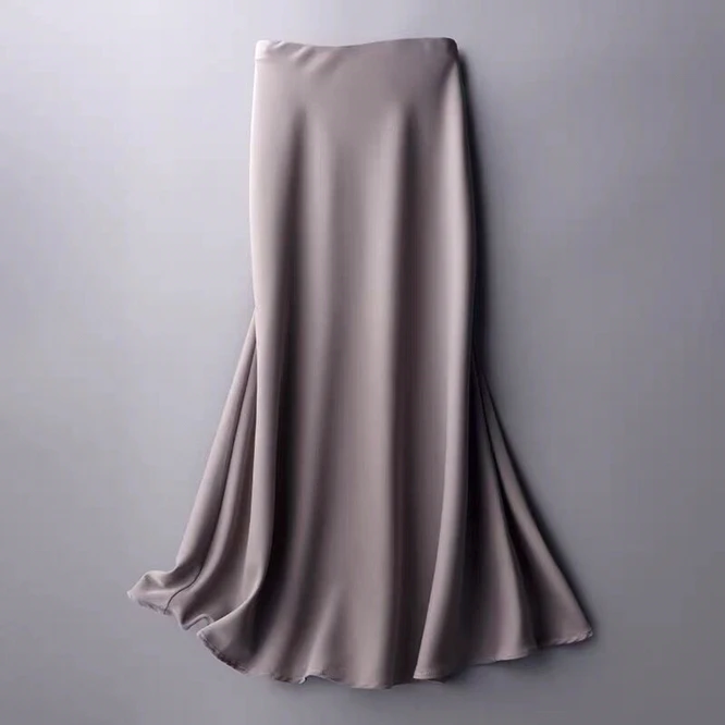 

Spring Summer Faldas Mujer Moda 2022 Midi Skirts Women England Office Lady Satin High Waist Simple Elegant Long Skirt Women Gray