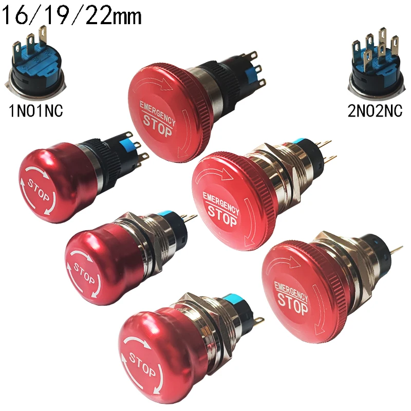 16mm/19mm/22/mm Emergency Metal Button Switch Indication STOP Machine Panel Dashboard Press Latching Button 1NO1NC/2NO2NC