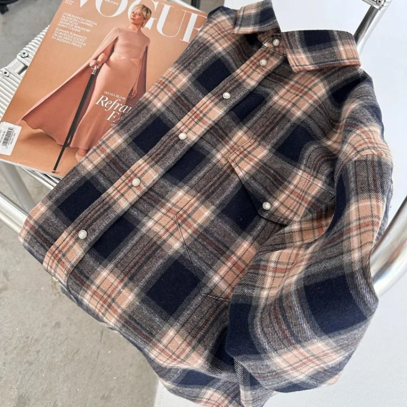 Blusa retro informal para mujer, moda Otoño Invierno 2025, camisas largas holgadas, cárdigan básico a cuadros para mujer, ropa de calle para mujer