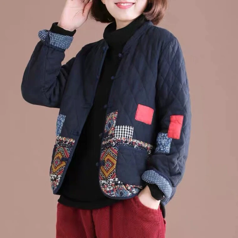 

Autumn Winter Arts Style Women Long Sleeve Vintage Short Coat Patchwork Cotton Linen Single Breasted Thicken Jackets
