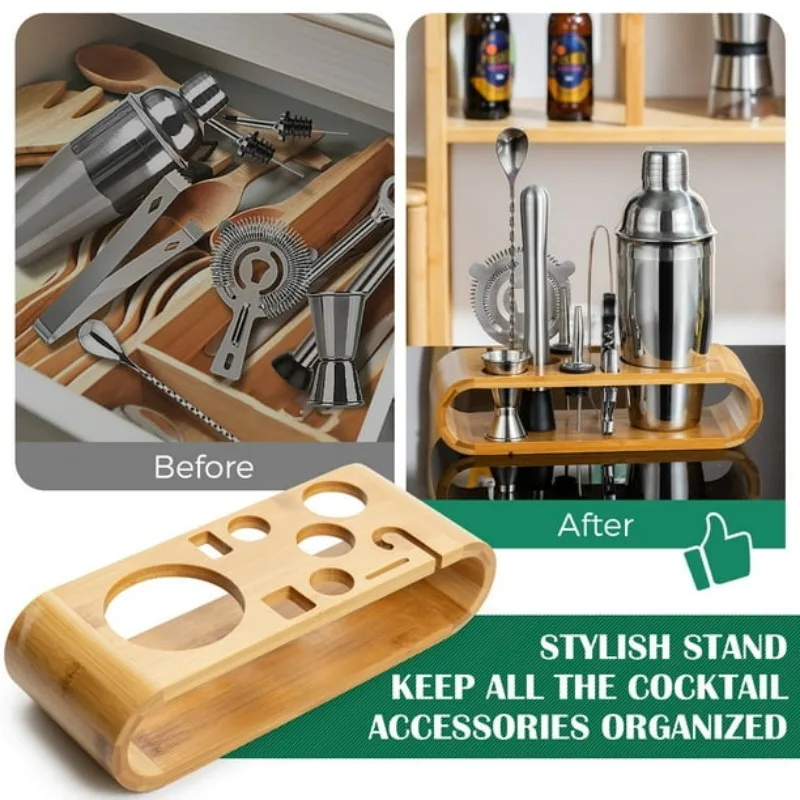 10-Piece Cocktail Shaker Set with Bamboo Stand Stainless Steel Bar Tools Set Martini Cocktail Shaker Home Bartending Kit