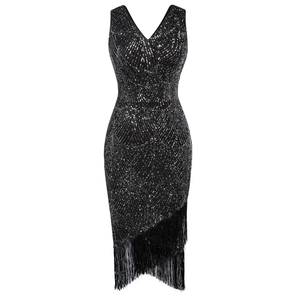 

BP Women Sequined Party Dress Sleeveless V-Neck Tassel Decorated Wrap Hem Dress 1920s Flapper Cocktail Party Dresses