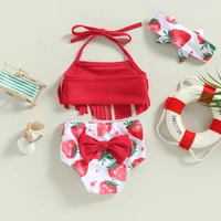 0-3Y Summer Baby Swimwear Girls 3 Piece Halter Bikini Set Strawberry Print Tassel Bathing Suits Toddler Swimsuits Kids Beachwear 3