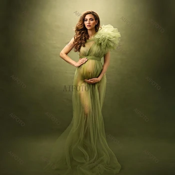 Maternity Photography Props Dresses One Shoulder Tulle Sexy See Thru Mesh Gowns Pregnancy Photo Shoot Women's Split Long Dress