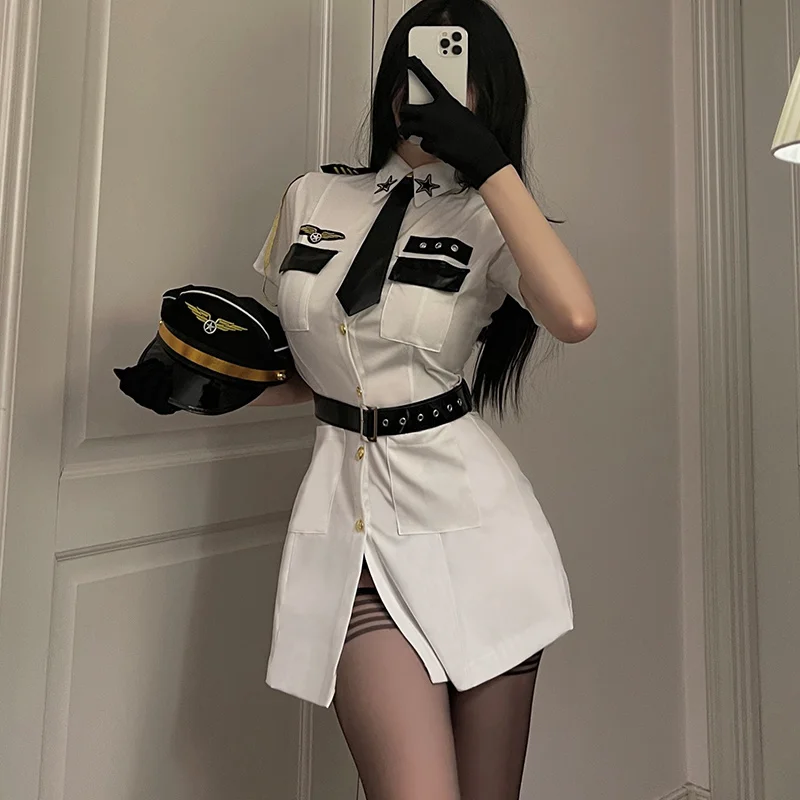 

Female police uniform temptation Pilot Cosplay Suit stewardess fantasias Sexy erotic police clothing Skinny White Dress J018