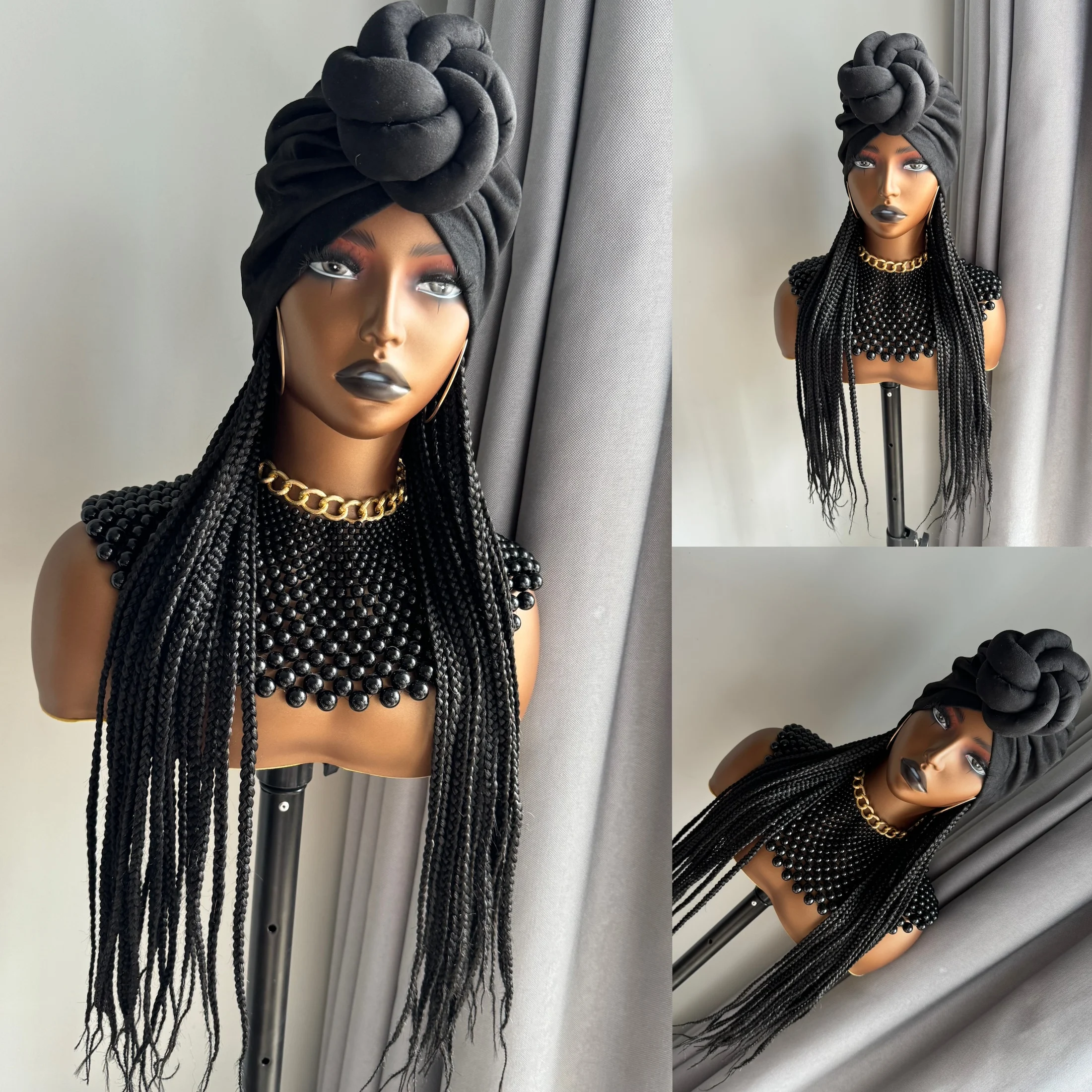 Synthetic Hair Wigs Long Black Synthetic Box Braided With Elastic Bands Headband Wig And Headband Split Set Turban Braiding Hair Extensions Wigs