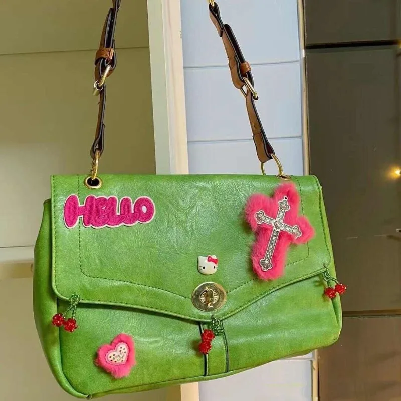 MBTI Vintage Hello Kitty Womens Shoulder Bag Y2k Green Original Cross Harajuku Style Crossbody Bag Fashion Luxury Female Handbag
