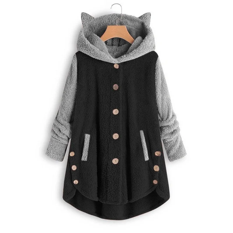 Cat Print Long Hoodies Sweatshirt Women Fleece Warm Button Pocket Pullovers Cat Ear Plus Size Hoodie Top Blouse Sweat Femme 5