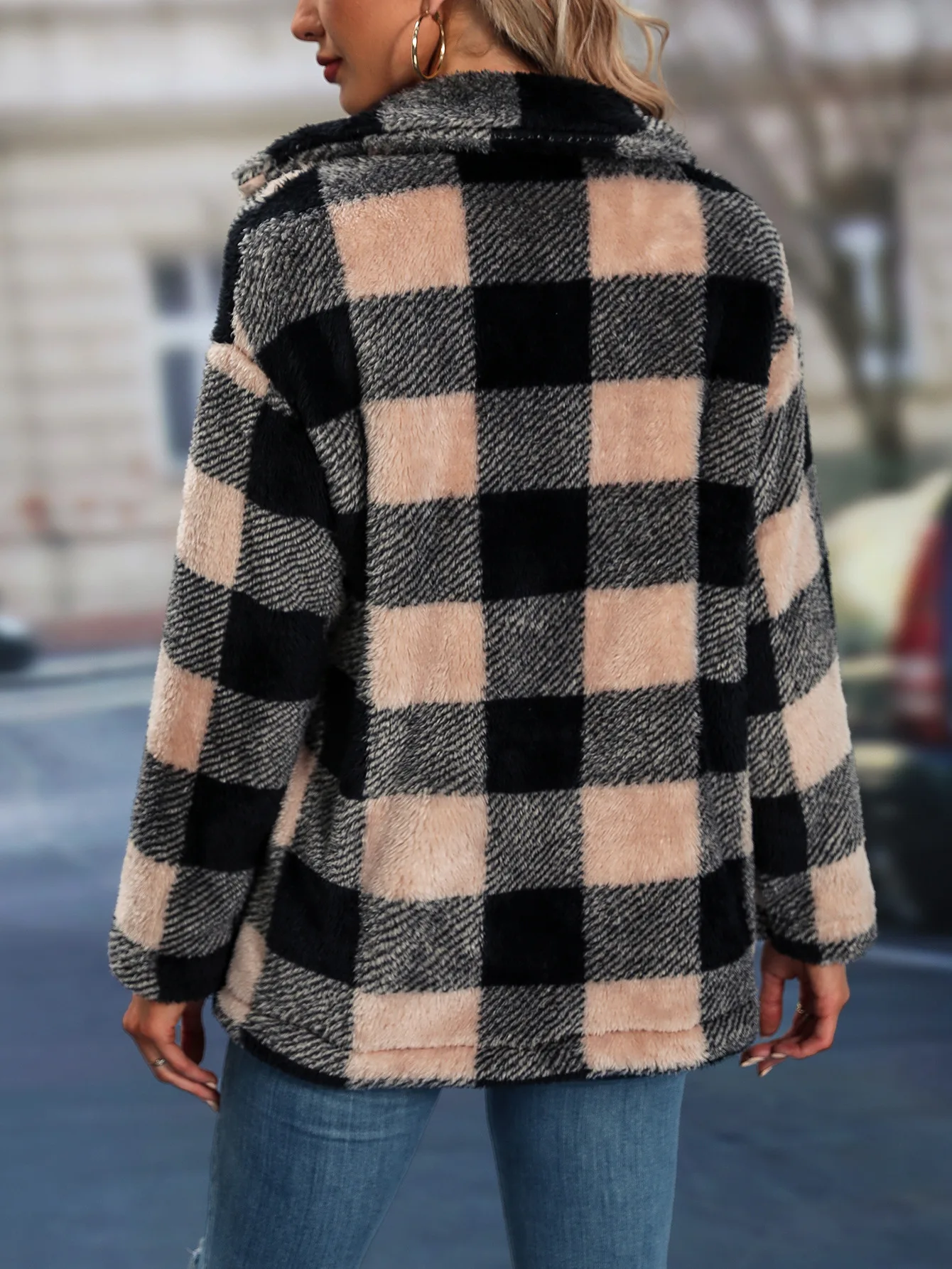 Cross border European and American autumn/winter square plaid lapel women's coat