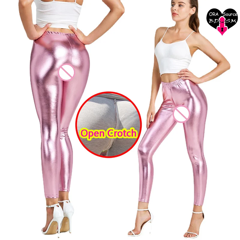 

Sexy Open Crotch Woman's Gold Stamping Casual Hot Pants Metallic Reflection Erotic Pole Dance Clubwear Exotic Crotchless Trouser