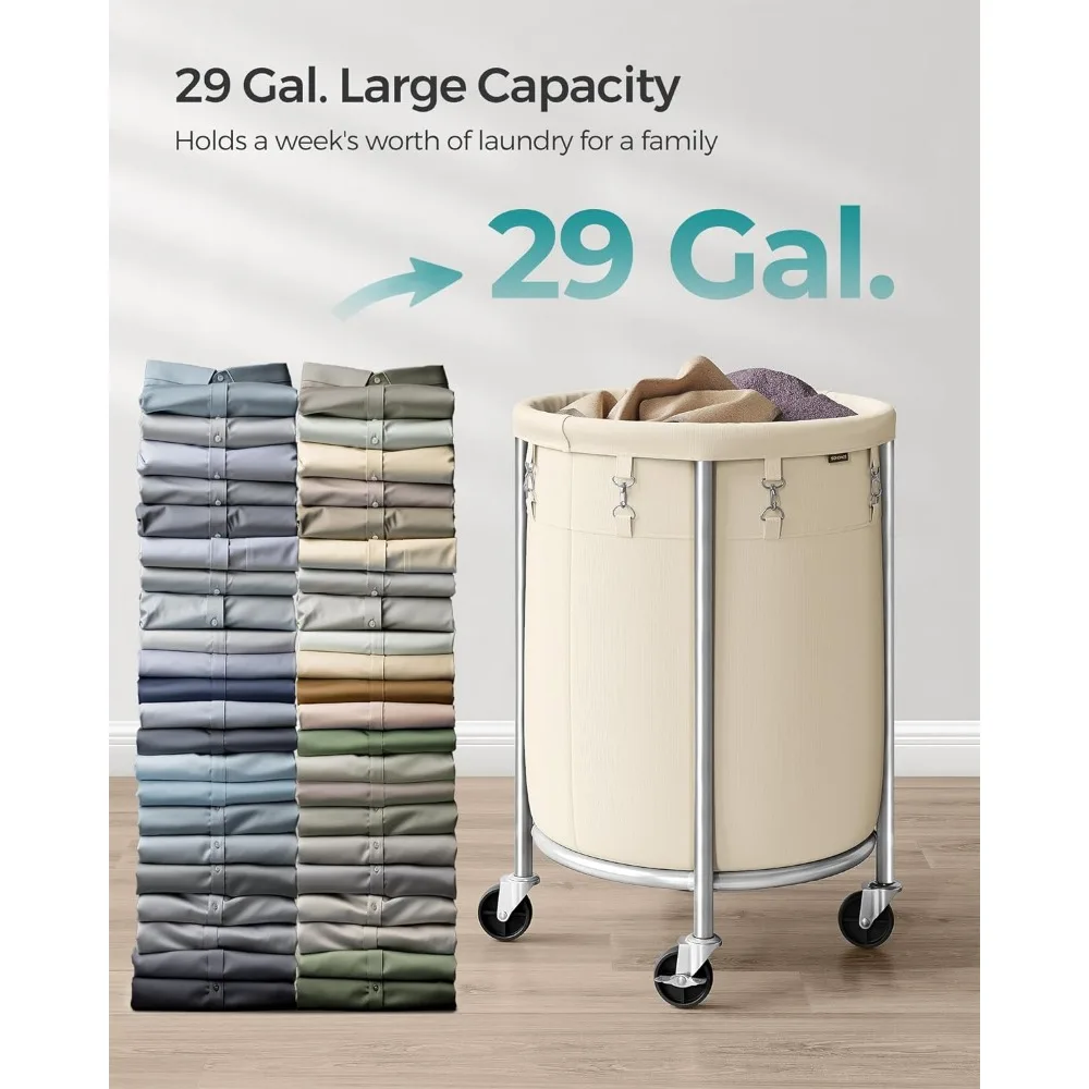 Laundry Basket with Wheels Rolling Laundry Hamper 29 Gal. Round Cart with Steel Frame and Removable Bag